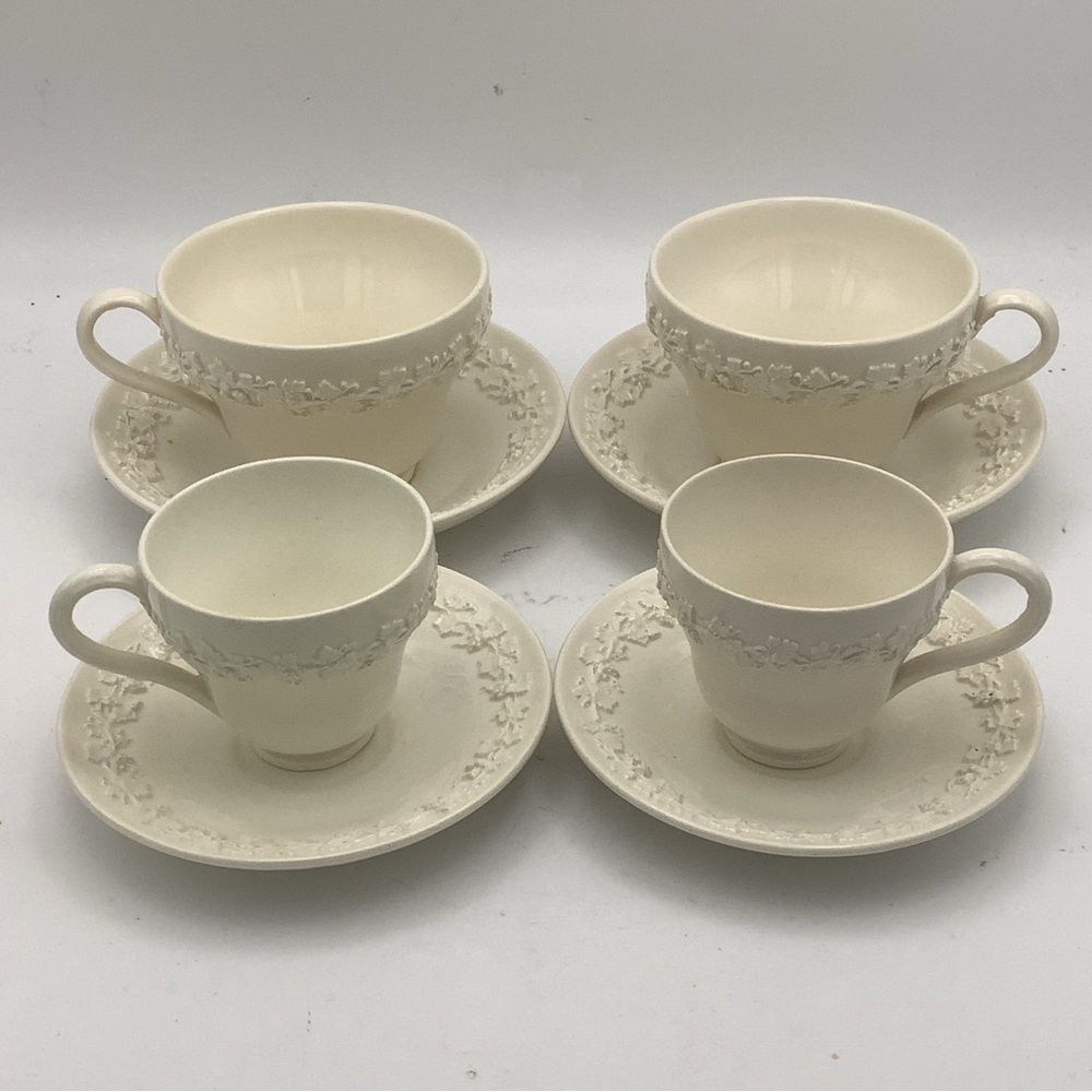 Four Vintage Wedgwood Embossed Queens Ware Cup and Saucer Sets